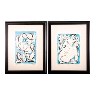 Late 20th Century Limited Edition European Modernist Screenprints – Signed Ljerka Njerš – Museum Framed Statement Art Pair - Plants For Sale