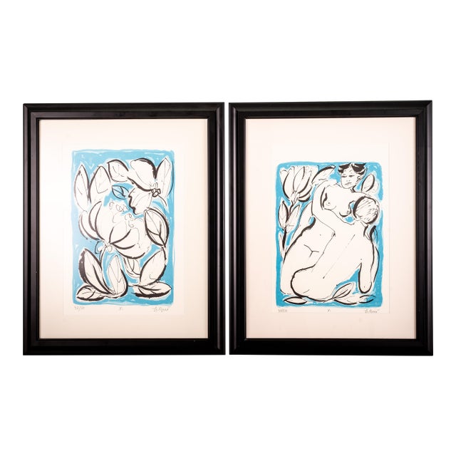 Late 20th Century Limited Edition European Modernist Screenprints – Signed Ljerka Njerš – Museum Framed Statement Art Pair - Plants For Sale