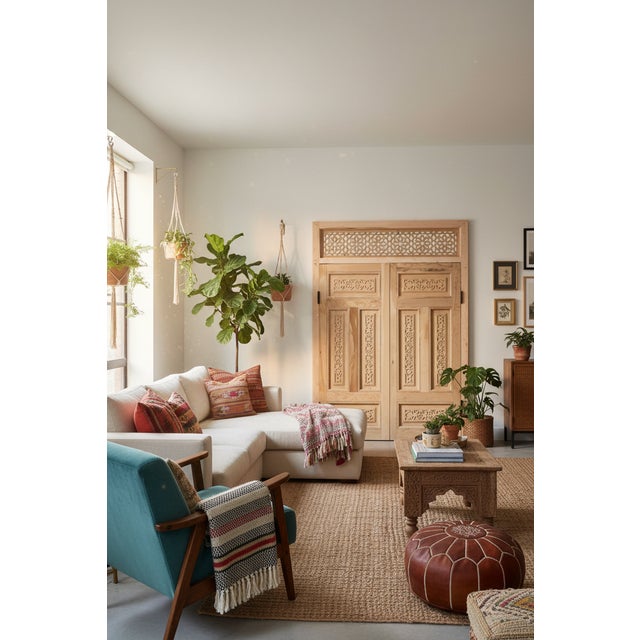 Art Deco Hand-Carved Moroccan Cedar Wood Door – Arched Rustic Entryway, Statement Home Decor For Sale - Image 3 of 10