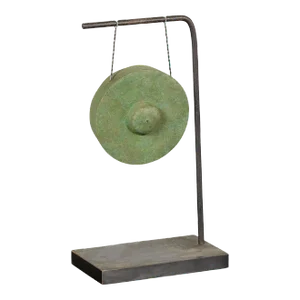 Petite Verdigris Bronze Gong Mounted on Custom Black Metal Base