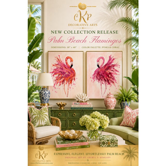 Twin Palm Beach Flamingos - Designed by Cheryl P. Kohloff Set: 2/ 30”x40”x2.5” Framed: Gold Metallic Dimensions: 30”x40”x...