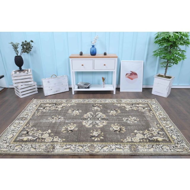 Art Deco 1970s Vintage Turkish Oushak Handmade Wool Cotton Brown Area Rug For Sale - Image 3 of 11