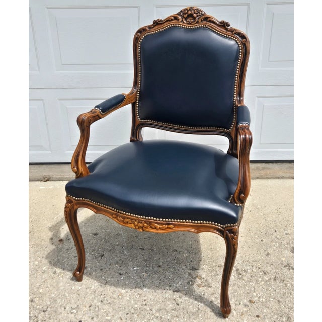Early 21st Century Chateau d'Ax French Bergere Fauteuil Blue Leather Arm Chair For Sale - Image 5 of 18