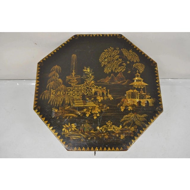 Chinoiserie Antique Chinoiserie Hand Painted Pedestal Base Oriental Sewing Stand Side Table For Sale - Image 3 of 12