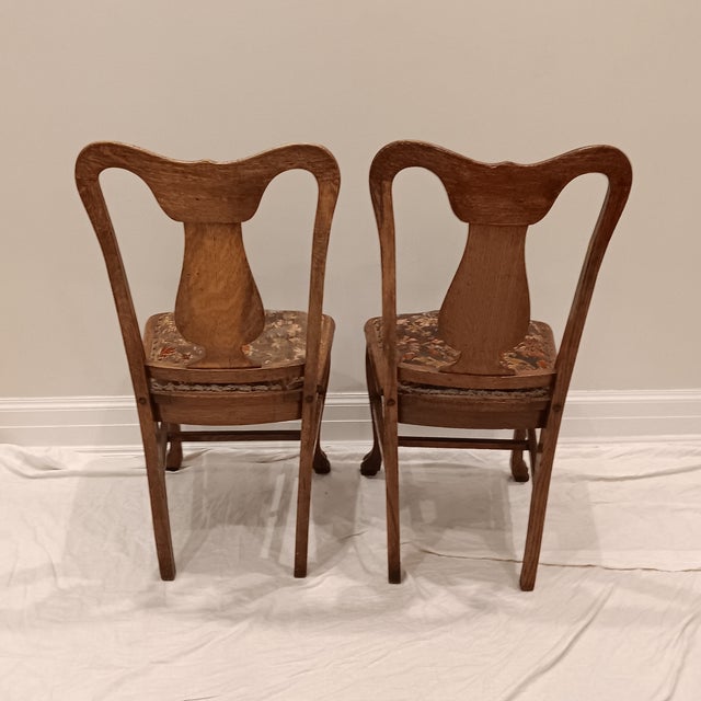 Antique Quarter Sawn Oak Side Chairs With Hand Carved Motif on Each Side and Nailhead Stud Surround Tapestry Seat and Claw Feet For Sale - Image 16 of 18