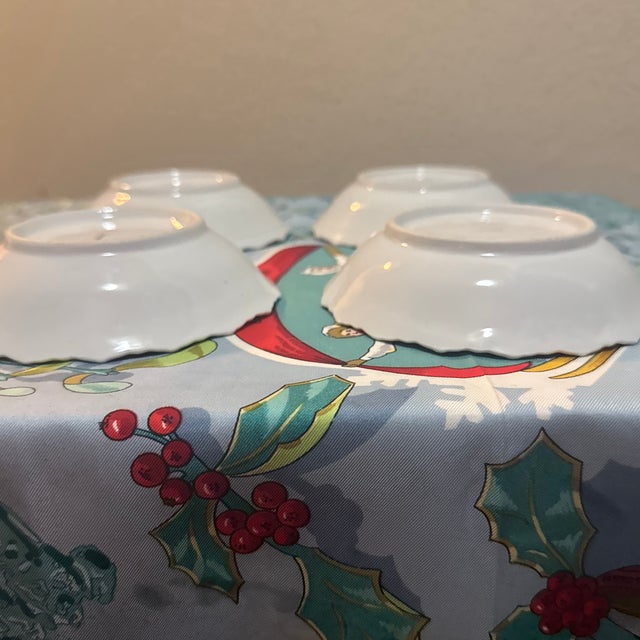 Yellow Antique German Porcelain Berry Bowls - Set of 4 - Hand Painted Pink & Yellow Roses - Iridescent Lusterware Scalloped Edge For Sale - Image 8 of 8
