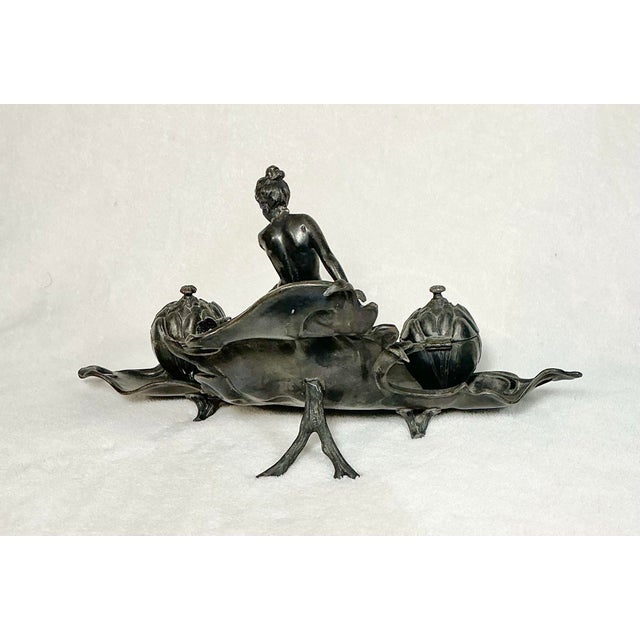 Antique Art Nouveau Pewter Double Inkwell Naked Woman Dragonfly, C. 1880s-1900s For Sale - Image 4 of 12