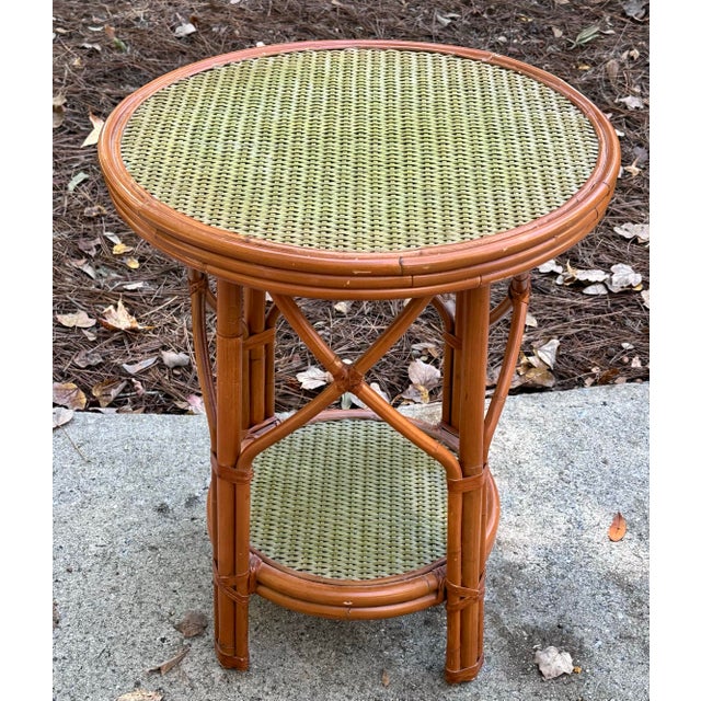 Boho Chic Rattan 2 Tiered Side Tables - A Pair For Sale - Image 3 of 9