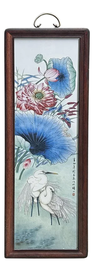 Vintage Chinese Wood Frame Porcelain Egret Lotus Wall Plaque Panel