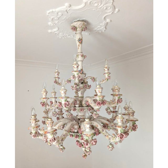 Green Large Italian Porcelain Three Tier Chandelier in the style of Capodimonte, 1950s For Sale - Image 8 of 13