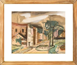 Early 20th Century "To Market to Market" Figurative Brooklyn Cityscape Painting by Frank Simon Herrmann, Framed