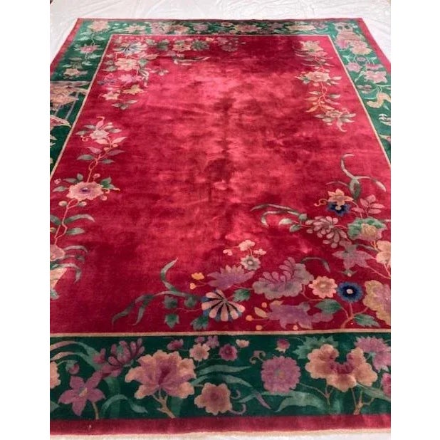 Wool pile genuine hand made very fine antique Nicholas Chinese Art Deco Carpet-