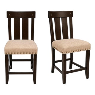 Counter Height Stools, Set of 2, Upholstered With Nailhead Trim, Dark Wood For Sale