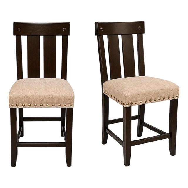 Counter Height Stools, Set of 2, Upholstered With Nailhead Trim, Dark Wood For Sale