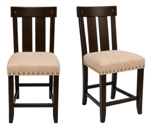 Counter Height Stools, Set of 2, Upholstered With Nailhead Trim, Dark Wood