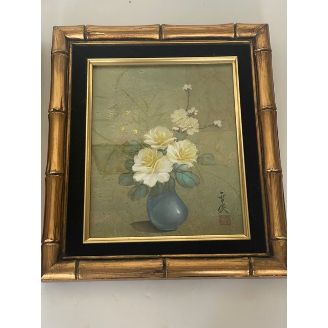 1940s Gorgeous Pair of Chinese Floral Watercolors Signed Framed For Sale - Image 4 of 9