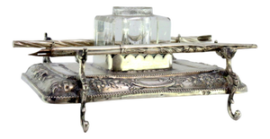 Silver Inkwell Embossed with Floral Motifs, Pearly Frieze, Pen Holder, Glass Tank and Dragon-Shaped Feet
