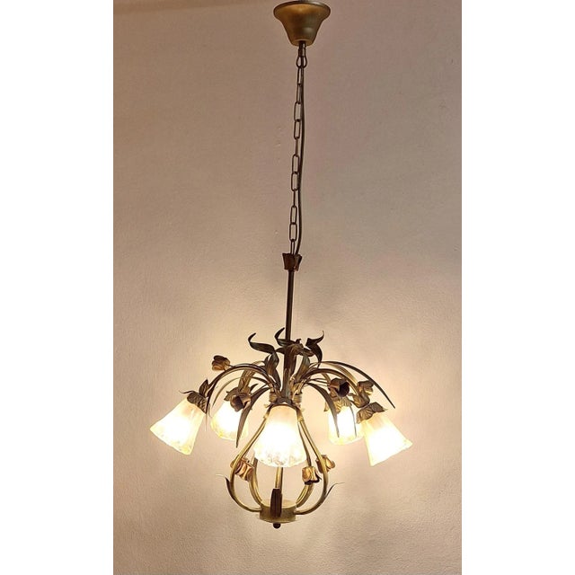 1990s Vintage German Ceiling Lamp with Colored Floral Decorated Metal Frame and Five Slightly Tinted Glass Shades from Serpetaler Leuchten, 1990s For Sale - Image 5 of 10