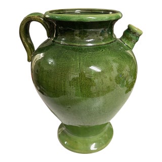 1980s French Pottery Terracotta Cruche Green Glaze Earthenware Planter 14in For Sale