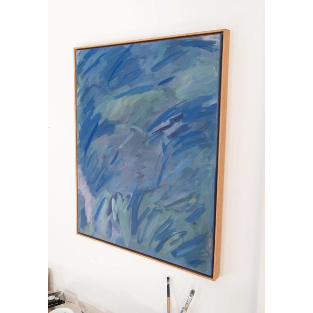 Mid-Century Modern "Blue Thunder" Abstract Painting in Warm Wood Frame For Sale - Image 3 of 9