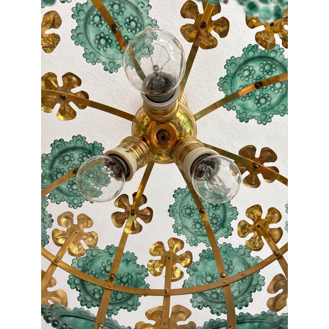 1970s Mid-Century Modern Style Teal Turquoise Hand-Painted Glass and Gold Floral Chandelier⁠ For Sale - Image 14 of 17