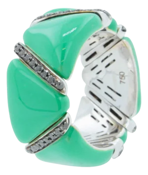 Black Diamond Green Enamel Eternity Band 18 Karat White Gold Unique Italian Ring, Size 5