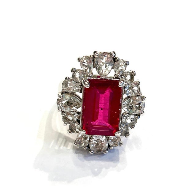 Red Bochic "Orient" Emerald Cut Ruby & White Topaz Ring Set In 18K Gold & Silver For Sale - Image 8 of 18