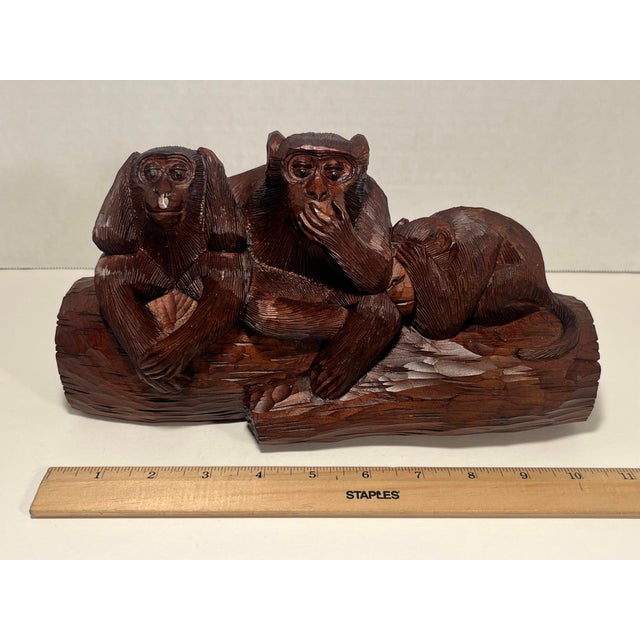Wood 1960's Vintage Nikko, Japan Hand-Carved Wooden "Three Wise Monkeys" Figurine For Sale - Image 7 of 9