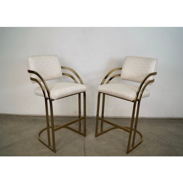 Mid-Century Modern 1980’s Art Deco Hollywood Regency Brass Bar Stools - A Pair For Sale - Image 3 of 12
