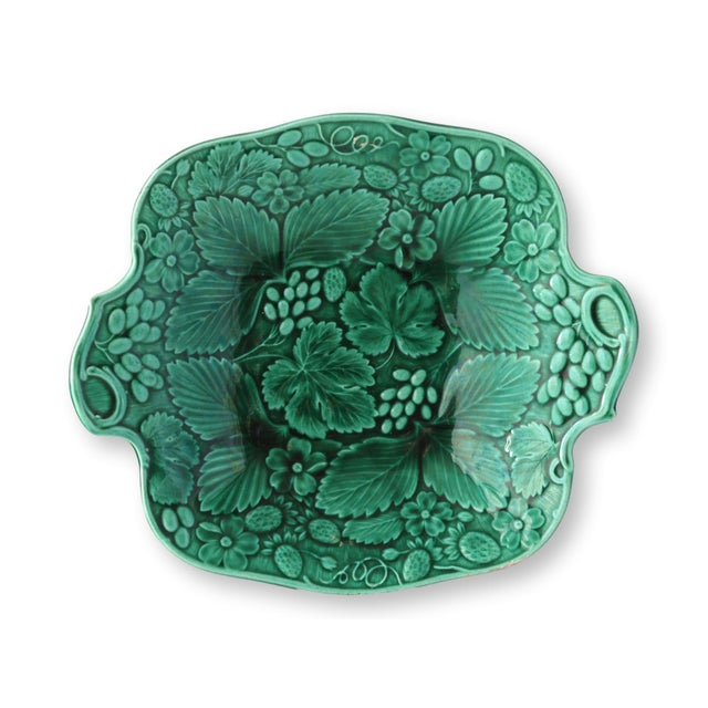 Pair of richly molded 19th-century English majolica serving plates by Edge Malkin & Co. Features raised strawberries,...