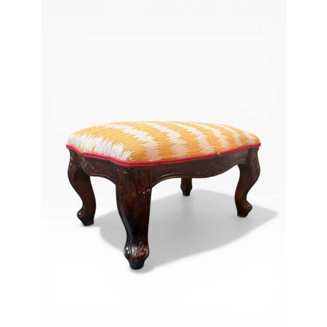 Traditional Vintage Carved Wood Footstool With Upholstered Cushion For Sale - Image 3 of 8