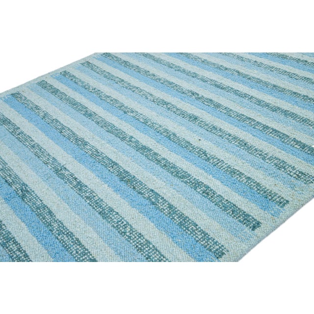 Modern Striped Swedish Style Wool Rug Handmade With Light Blue and Green Field For Sale - Image 4 of 8