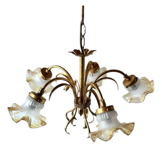 Florentine Style Gilt Metal Chandelier with Amber-Tinted Glass Shades, 1960s For Sale