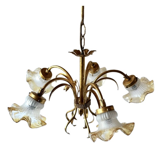 Florentine Style Gilt Metal Chandelier with Amber-Tinted Glass Shades, 1960s For Sale