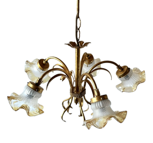 Florentine Style Gilt Metal Chandelier with Amber-Tinted Glass Shades, 1960s