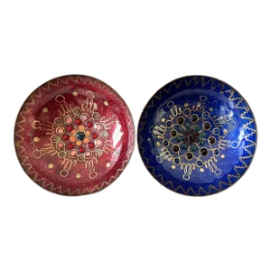 Vintage Pair of Austrian Handmade Enamel & Gold Painted Metal Bowls