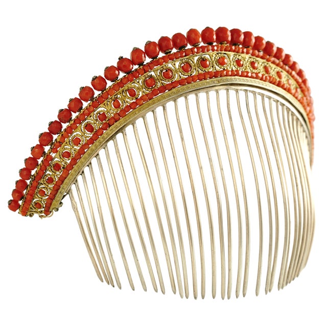 Antique French Empire Coral Hair Comb Diadem Tiara Gold Vermeil Silver For Sale - Image 6 of 12