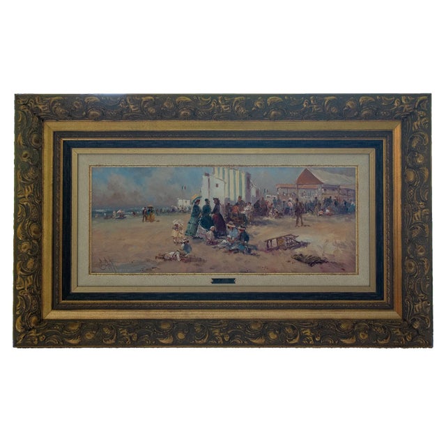 Beach Promenade is an original oil on canvas by Spanish artist Emilio Payes Carranza (b. 1935). The painting depicts an...
