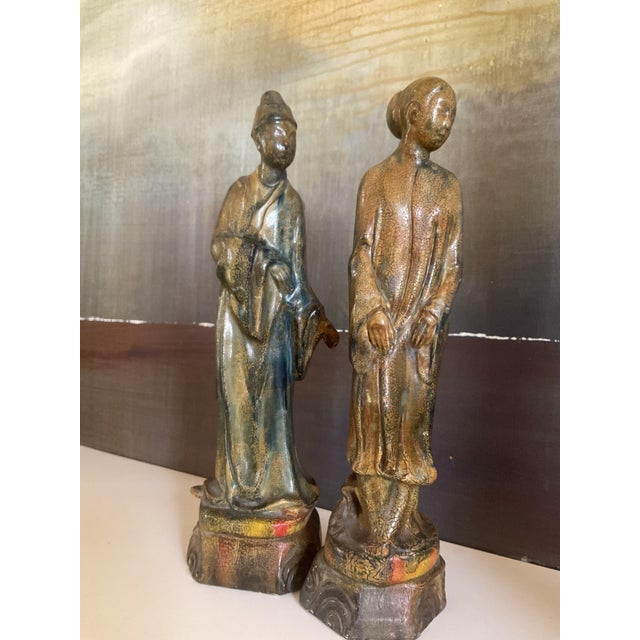 Pair of Vintage/Antique Ceramic Asian Scholar Figures on Pedestal Bases Set of 2 For Sale - Image 13 of 18