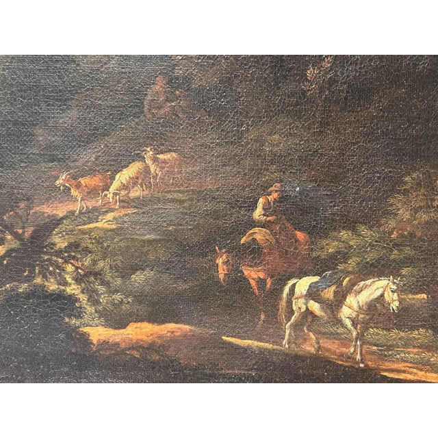 Dawn in the Lazio Countryside with Travelers and Figures, Late 17th Century, Oil on Canvas For Sale - Image 5 of 11