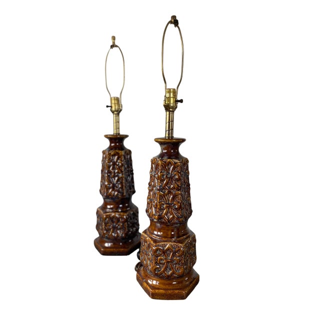 Pair of Vintage Brown Ceramic Table Lamps in a Mid-Century style of drip-glaze. The overall lamp is 32" to the top of the...