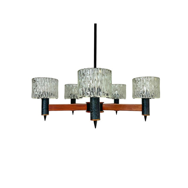 Teak and Textured Glass Chandelier by Carl Fagerlund for Orrefors, 1960s For Sale - Image 9 of 16