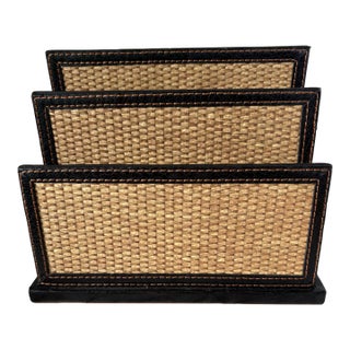 Vintage Woven Rattan Mail Organizer, Leatherette Desk Letter Sorter, Boho Office Organizer, Coastal Desk Accessory, Three Slot File Holder For Sale