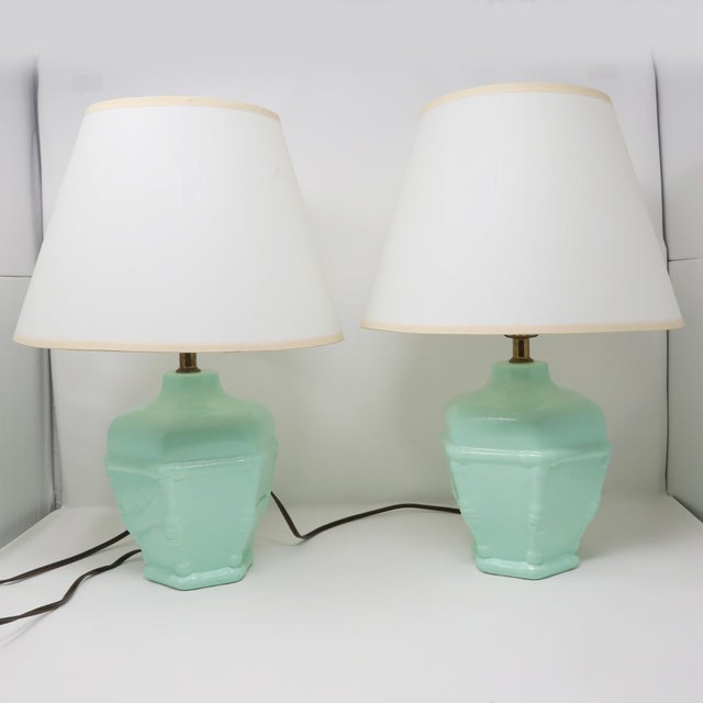 Mid-Century Modern Vintage 1970s Mint Green Ceramic Table Lamps, Pair With Cream Shades For Sale - Image 3 of 10