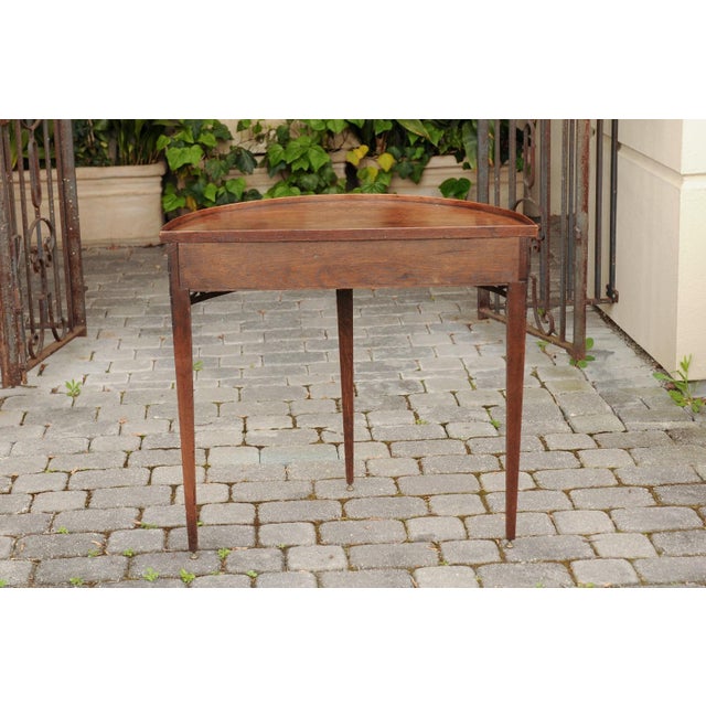English 1860s Oak Demilune Table with Drawer, Tapered Legs and Pierced Motifs For Sale - Image 10 of 10