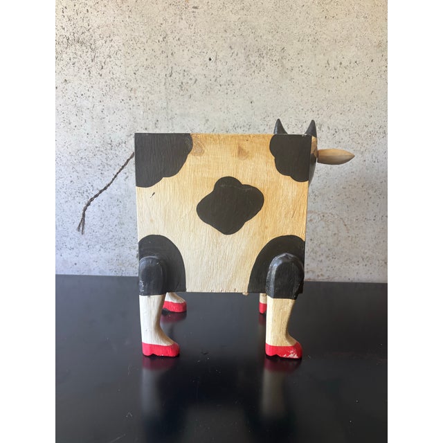 Vintage Hand Painted Folk Art Cow Bank Whimsical Wood Animal Sculpture For Sale In Miami - Image 6 of 8