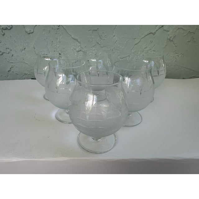 Glass Vintage Etched Clipper Ship Captain’s Decanter Set With Six Snifter Glasses – 7 Pieces For Sale - Image 7 of 8