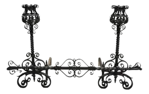 Antique Gothic Arts & Crafts Large Wrought Iron Fireplace Andirons With Bar - Set