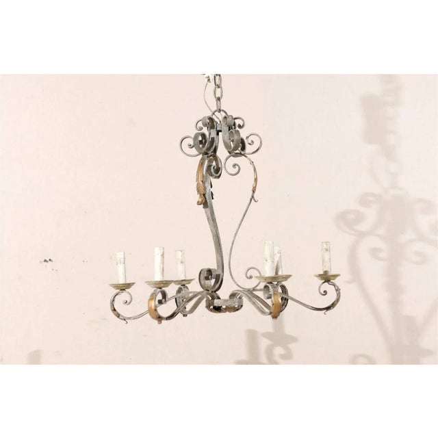 French French Painted Iron Six-Light Chandelier With Gilded Acanthus Leaves For Sale - Image 3 of 9