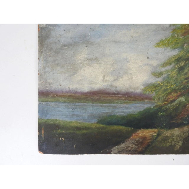 Antique Distressed European River & Forest Landscape Painting For Sale - Image 4 of 7
